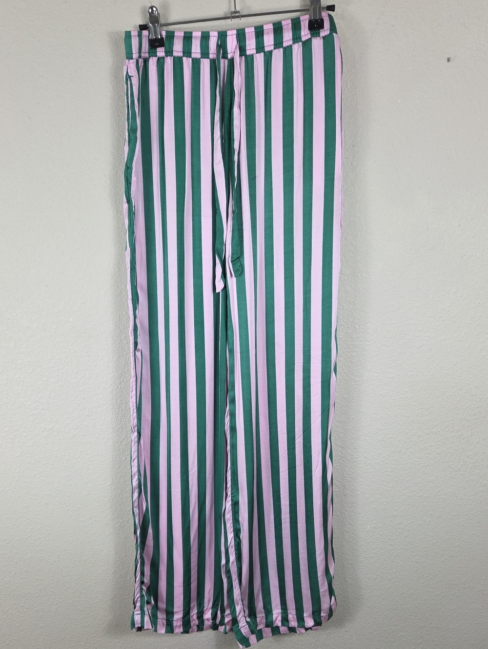 Anthropologie LyreBird Striped Satin Pants XS Green Pink Wide Leg Drawstring